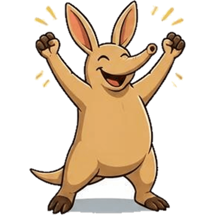 Aardvark cheering with both arms up