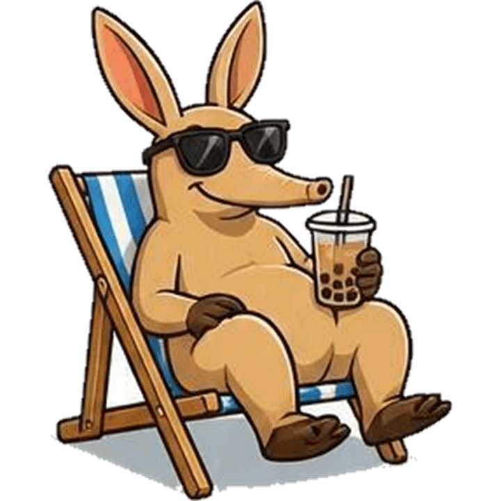 Aardvark relaxing on a deck chair with a bubble tea